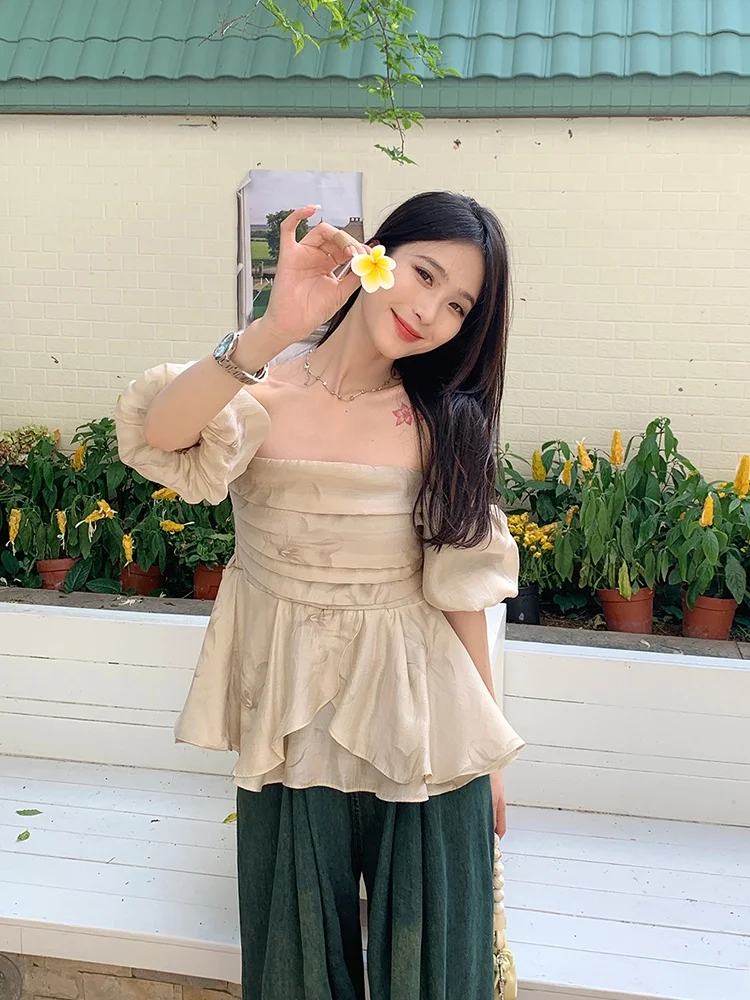 

Женская шифоновая блузка Yang Pao Pao, летняя коллекция 2025, новая модель, на одно плечо, универсальная, стройнящая, в корейском стиле, с обычным рукавом