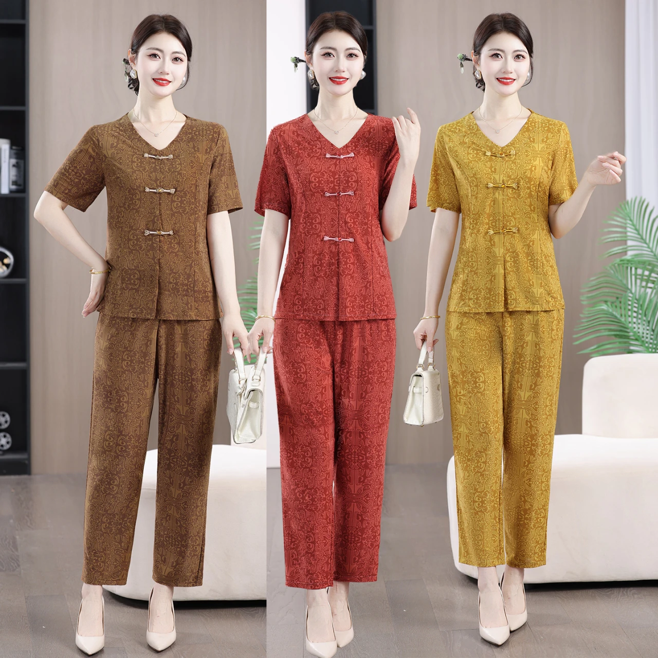 Retro V-Ausschnitt Kurzarm-Oberteil und Hose Zweiteiliges Set Modisches, altersunabhängiges Sommeroutfit für Frauen mittleren Alters und ältere Frauen