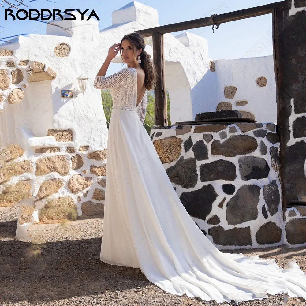 RODRSYA Civil Backless Vestido de Noiva 3/4 Manga Chiffon Backless Lace Vestidos de Noiva LaceRODDRSYA-vestido de novia de gasa con Espalda descubierta, cuello en V de encaje con traje de novia, manga 3/4, talla grande