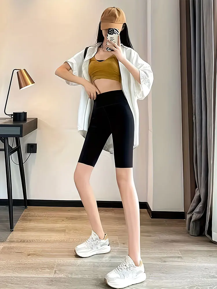 Solid Color Thin Yoga Shorts Fashion Sports Casual Leggings High Waist Tummy Control Slim Fit Tights Suitable For Slim Figures