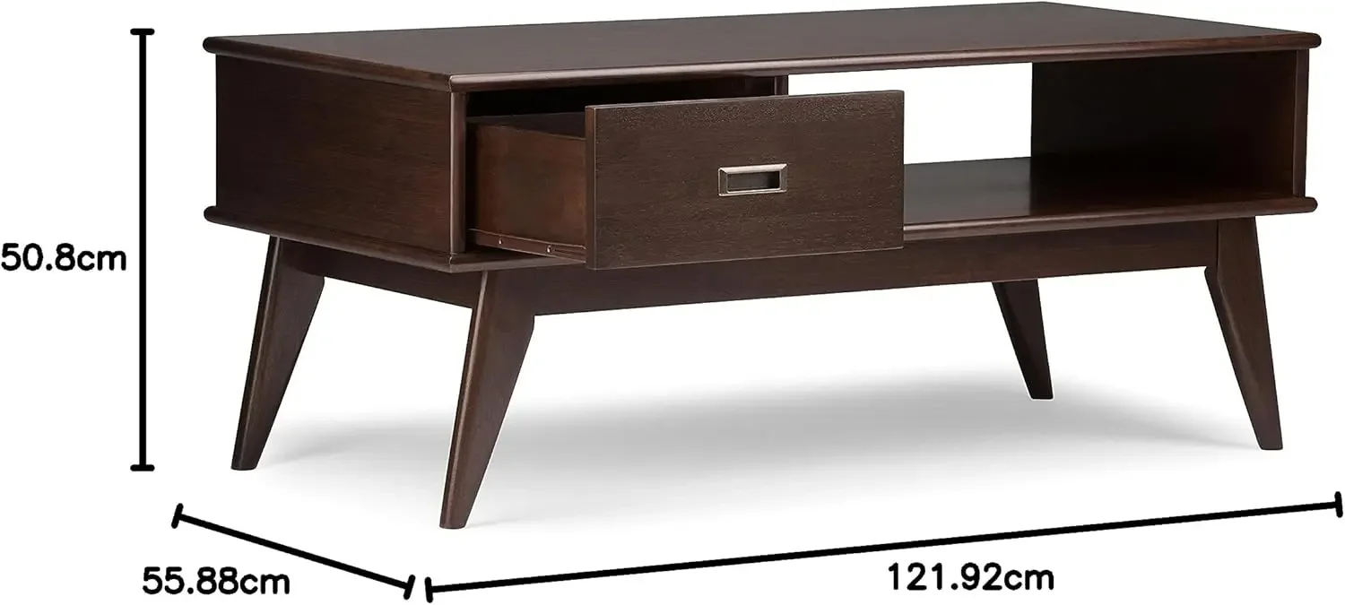 Draper SOLID HARDWOOD 48 inch Wide Rectangle Coffee Table in Medium Auburn Brown, for the Living Room and Family Room