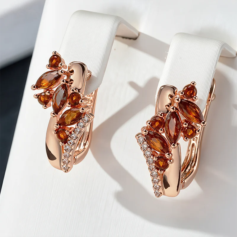 Wbmqda 18*10mm Orange Red Stone Flower Drop Earrings For Women 585 Rose Gold Color Luxury Holiday Jewelry Accessories
