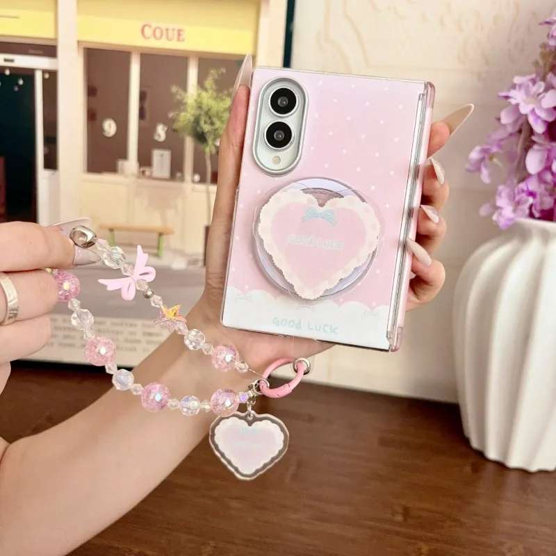 Cute INS Korean Lace Edge Polka Dot Magnetic Stand for Samsung Galaxy Z Fold 8 Ultra Fold7 Phone Case Full-cover Anti-drop Chain