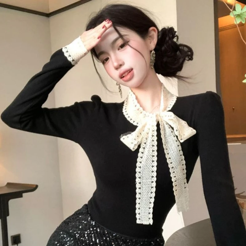 Women's 2026 Summer Tweed Bow Tie Long Sleeve Top Slim Fit Elegant Coquette Korean Chic Versatile Sweet Going Out Trendy view 2