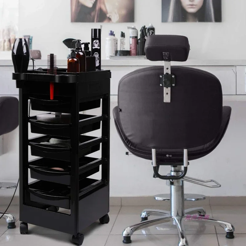 Beauty Salon Trolley Cart Plastic Rolling Cart for Stylists with 5 Removable Drawers and Dryer Holder for Barbershops