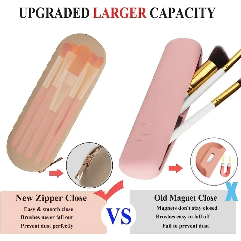 Travel Makeup Brush Holder, Silicone Makeup Brush Organizer with Upgrade Anti-Fall Out Zipper Closure,Makeup Brush Bag for Daily