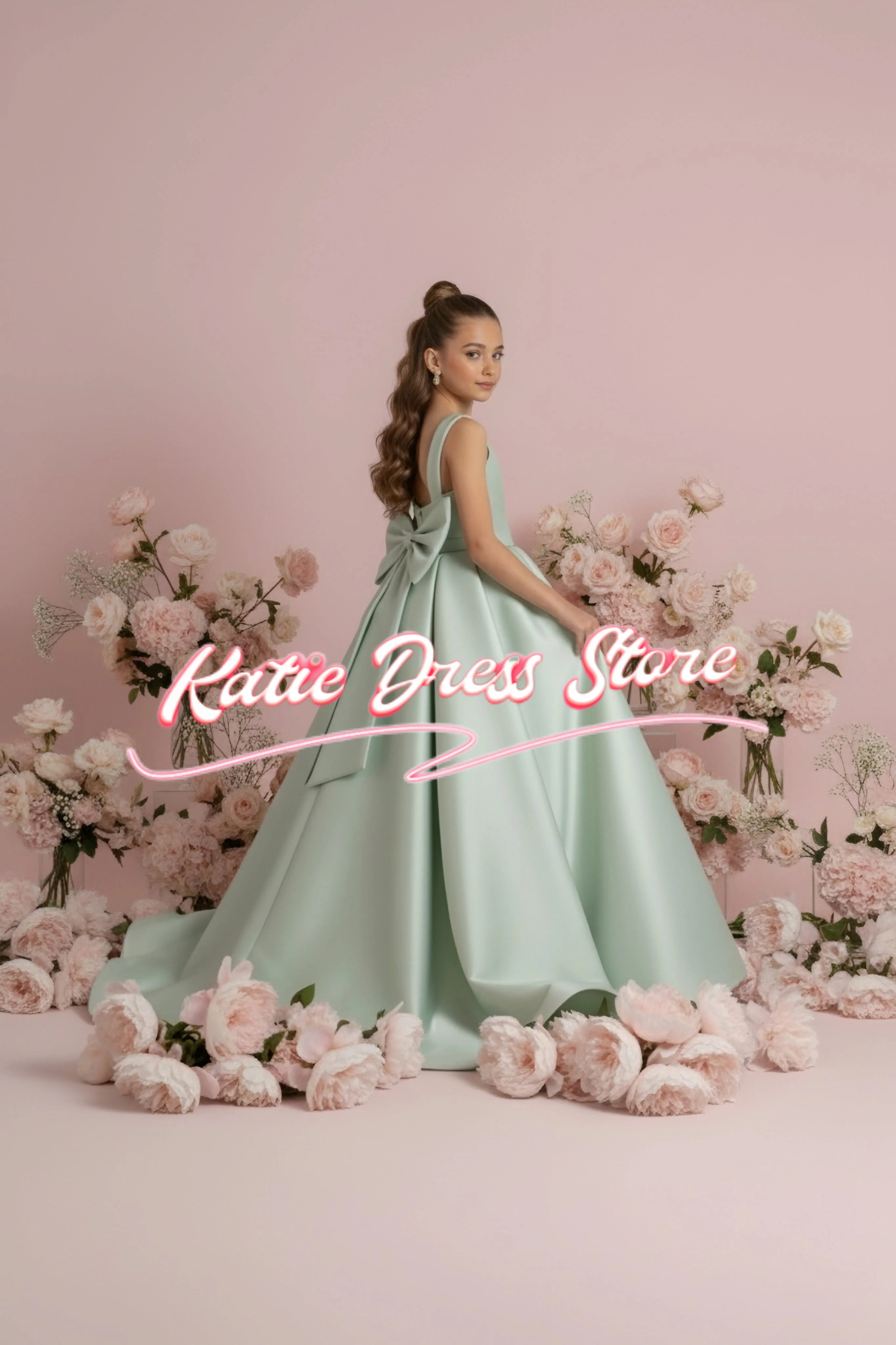 

Green Flower Girl Dress For Wedding Satin Sleeveless Floor Length Kids Birthday Party First Communion Ball Gowns Customized