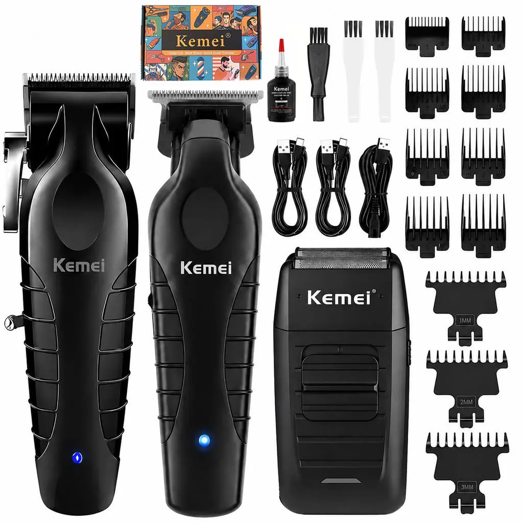 Kemei KM-2296+KM-2299+KM-1102 3Pcs Professional Barber Grooming Kit, Cordless USB Rechargeable Hair Clipper, Zero-Gap T-Blade Trimmer & Foil Shaver with Multiple Guide Combs for Men Salon Home Hair Cutting