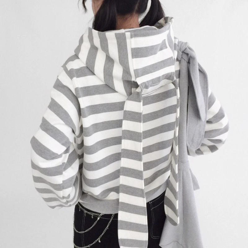 Japanese Original Design Gray White Striped Hooded Women's Sweatshirt Autumn New Patch Star Splicing Zipper Loose Coat Ladies