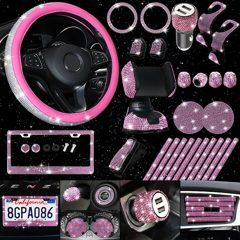 27Pcs Car Accessories Set Bling Steering Wheel Cover Gear Handbrake Cover Shoulder Armrest Pad Charger Vent Decor Stripcustom