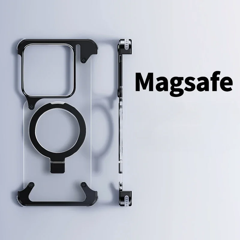 Oatsbasf Metal Magnetic Frameless Phone Case Magsafe Bumper with Stand Phone Cover for Xiaomi 14/14 Pro Bazel-Less Phone Case