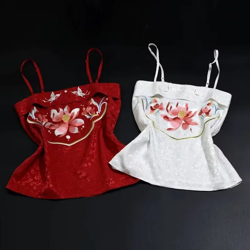 Embroidery Camisole Women Hanfu Red White Embroidered Flowers Camisole Hanfu Camisole Vest Lining Inside Top Plus Size XL