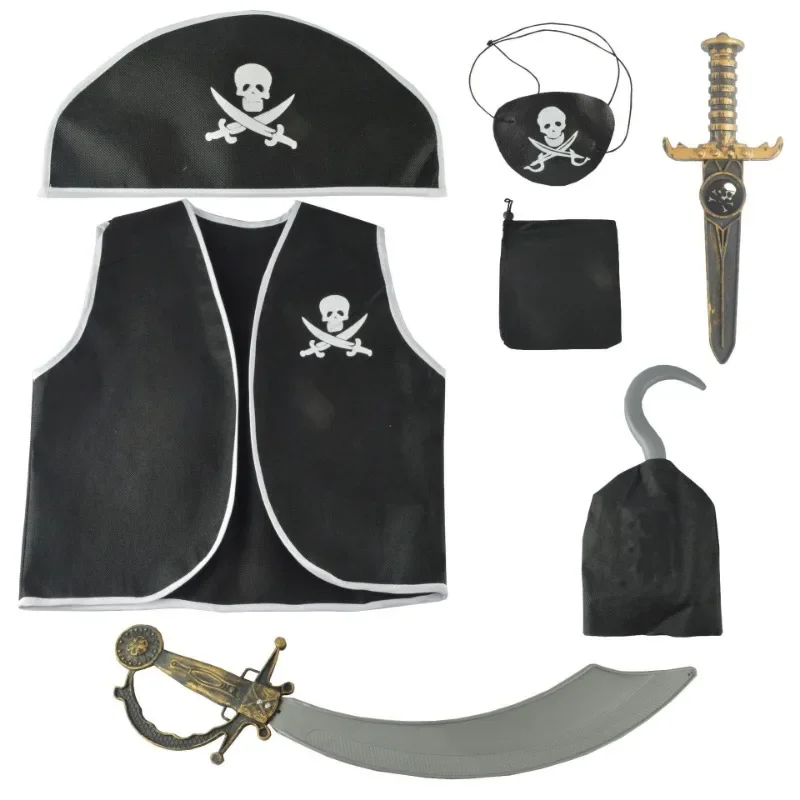 Kinder Piraten Kostüm schwarze Weste mit Lidschatten Hut Piraten Haken und Tasche Set für Kinder Junge Halloween Thema Party Cosplay verkleiden