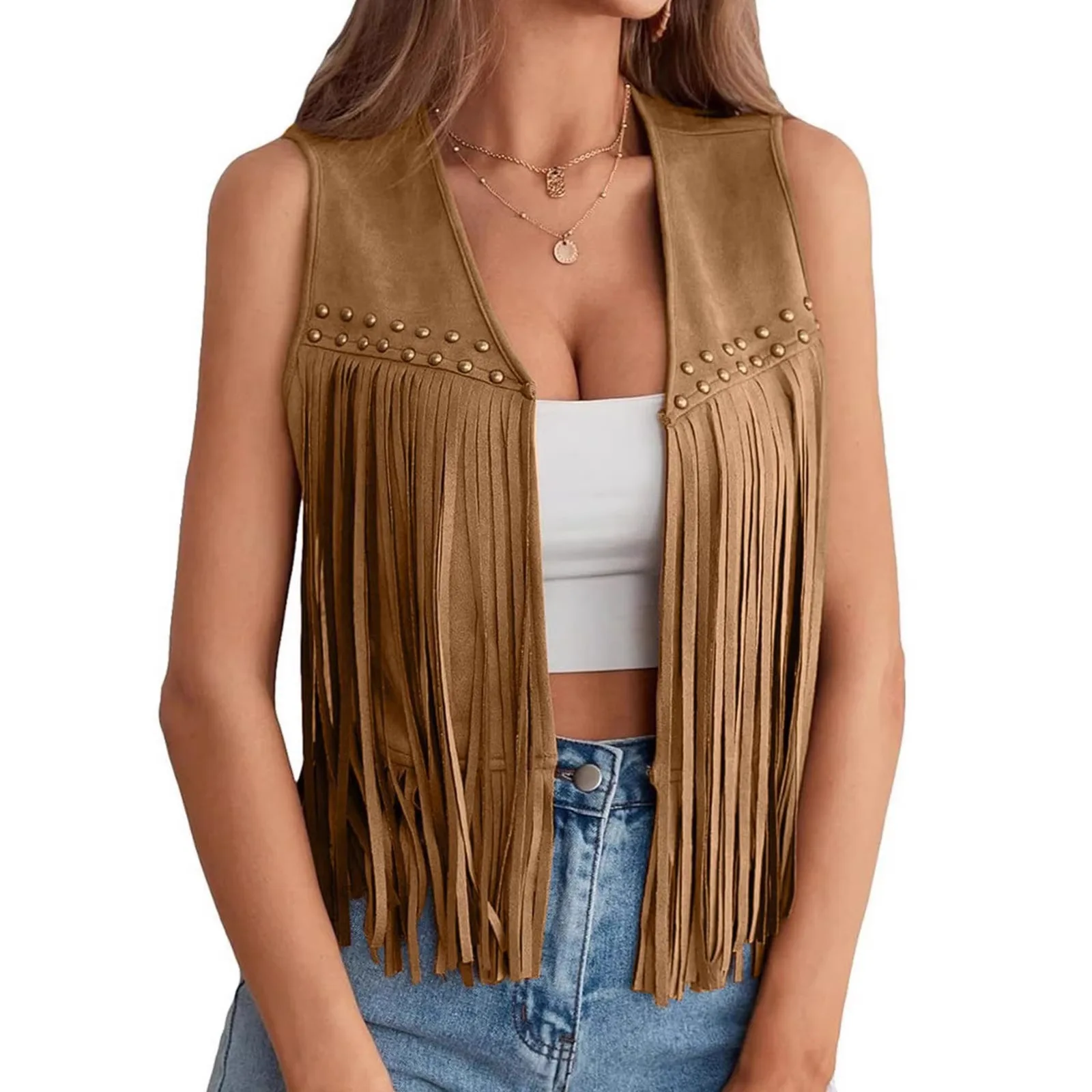 

Женский летний замшевый жилет KIDCRKJ с бахромой, без рукавов, с открытым передом, в стиле хиппи, модный уличный жилет-куртка в западном стиле