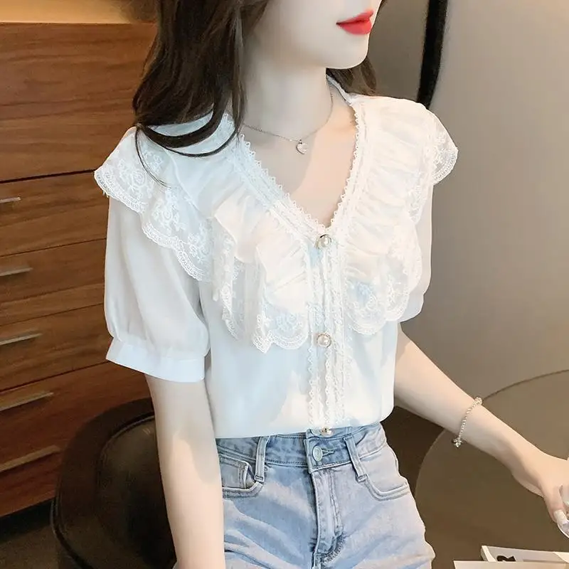 Women\'s Summer Stylish Ruffle Lace Patchwork Blouse White Elegant Chic Sweet Beaded Shirt V Neck Short Sleeve Tops Casual Blusas