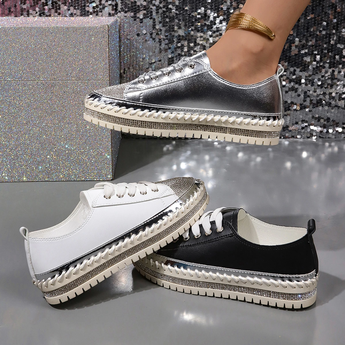 New Shoes for Women Sneakers Crystal Thick Soles Casual Rhinestones PU Walking Flats Thick Bottom Lace Up Shoes Plus Size 43