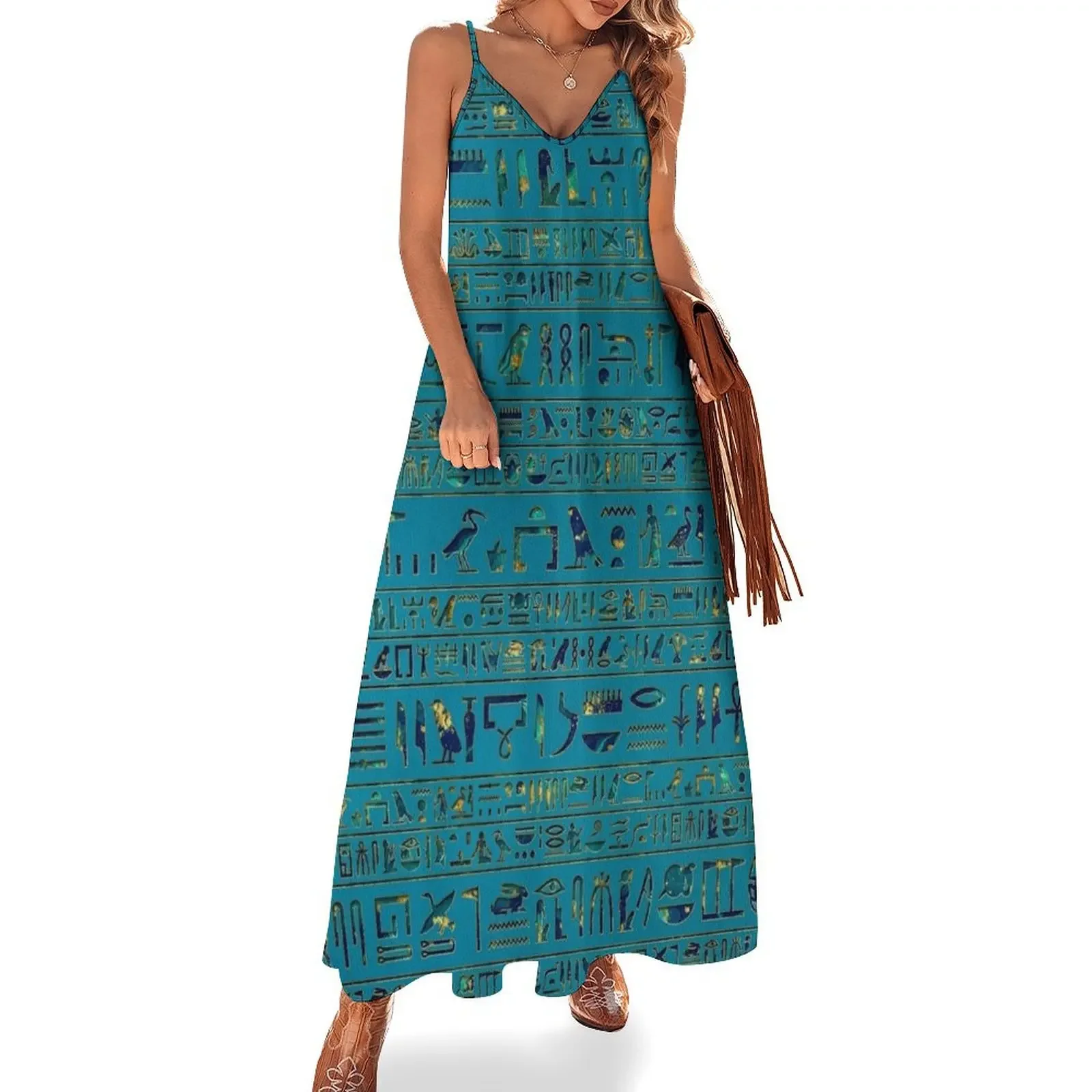 Egyptian hieroglyphs on teal leather texture Sleeveless Dress cocktail dresses evening dress woman