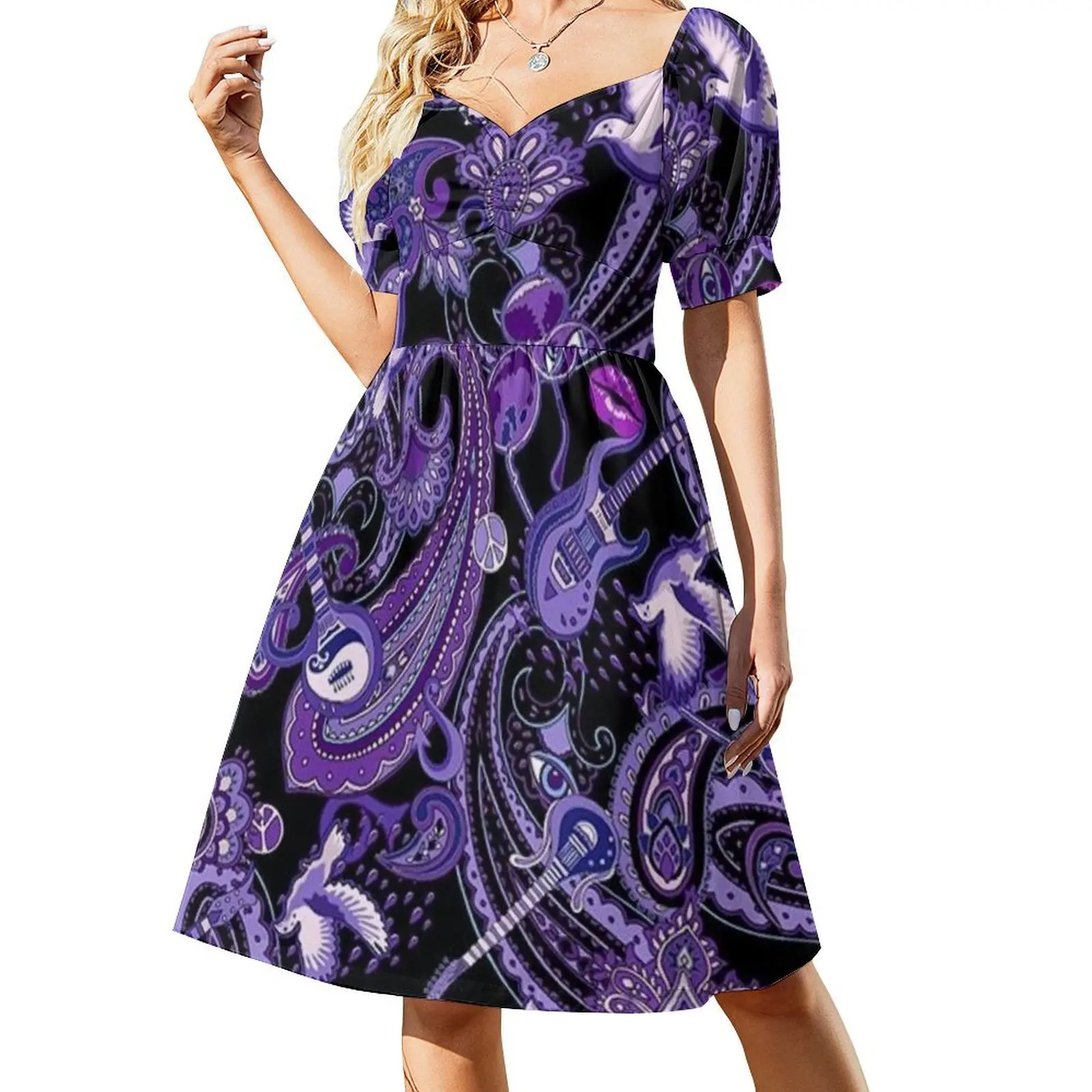 

Purple and Black Paisley Guitar Art Short Sleeved Dress birthday dress for women luxury 2025 Summer women's clothing Dress