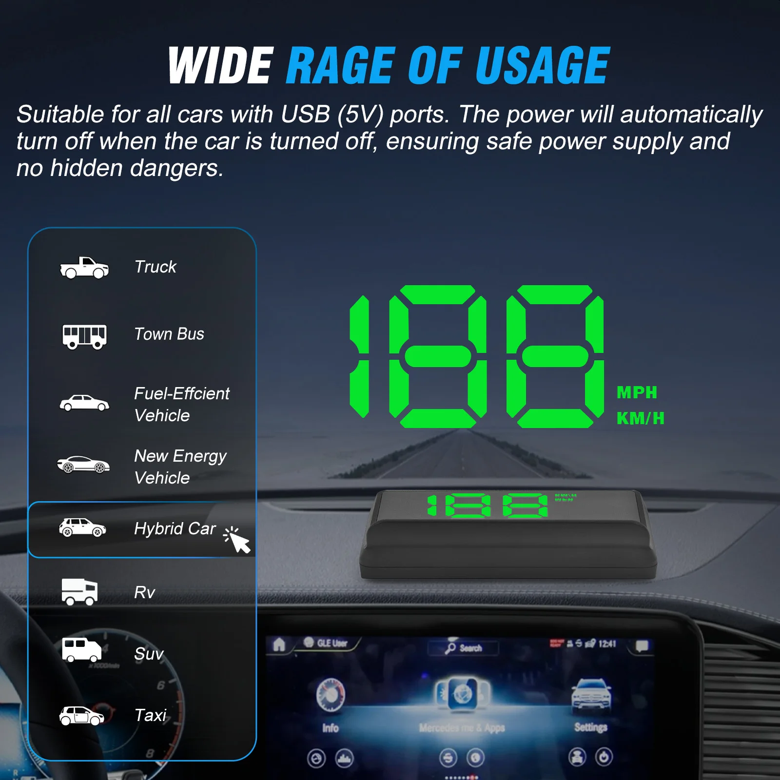 

Цифровой спидометр CNSPEED W2 HUD для автомобилей, зеленый светоотражающий дисплей, автоматическая регулировка яркости, кнопка настройки 5В, км/ч, миль/ч