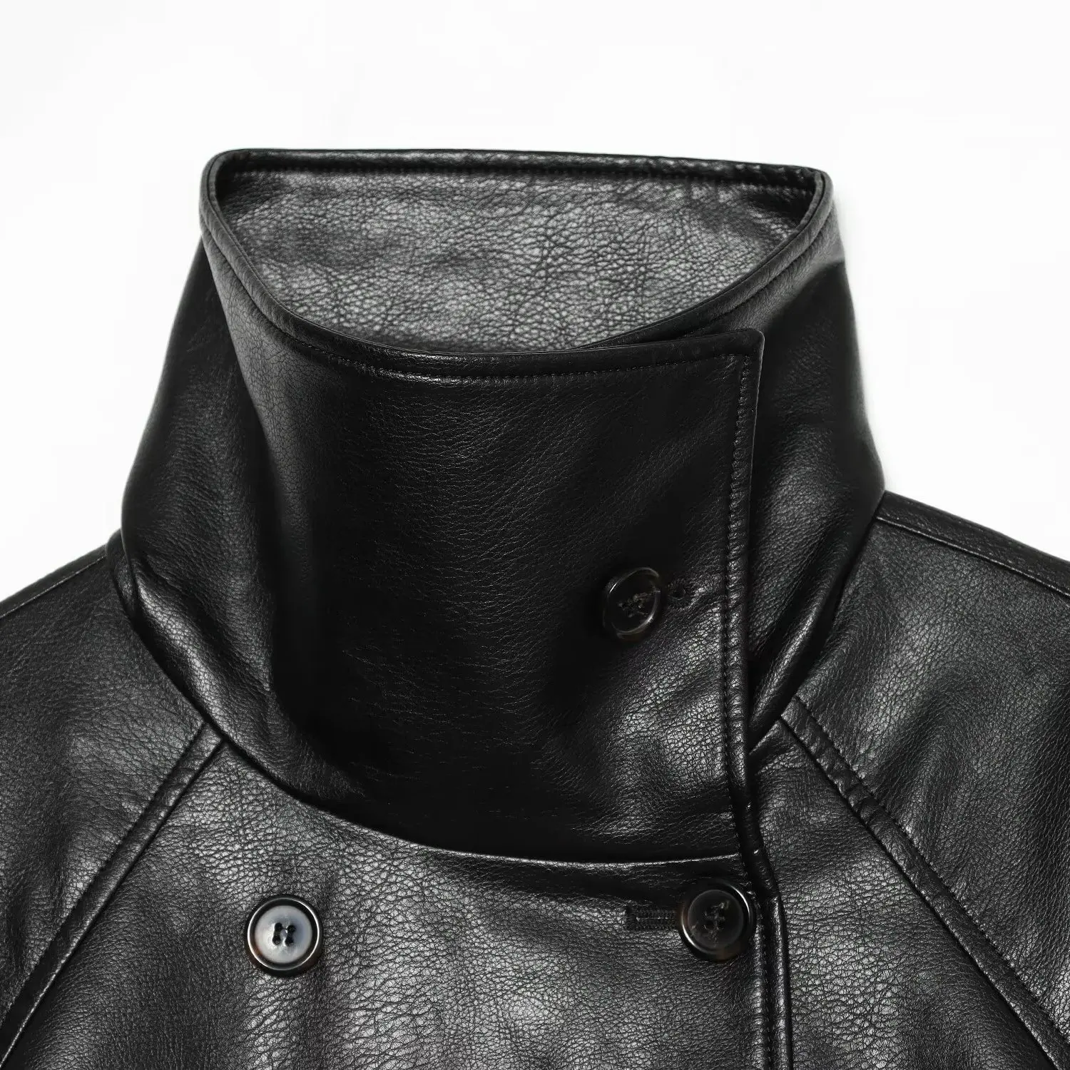 KASLEAD New Women's High-End Feelings Chimney Collar Coated Jacket Short Length Double Breasted Long Sleeve Polyester Fiber