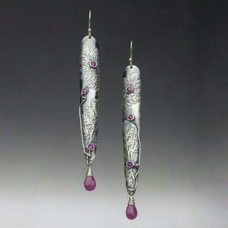 Vintage Inlaid Purple CZ Dangle Women's Earrings Ethnic Silver Color Hand Carving Branch Daily Wear Party Jewelry