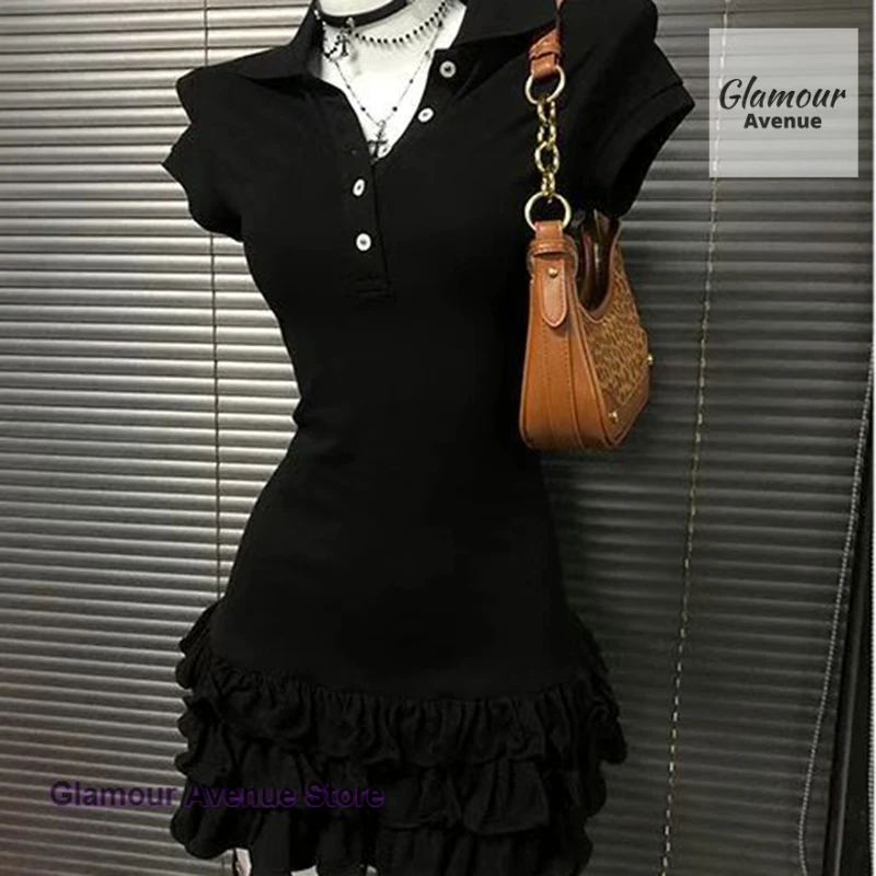 

American black POLO collar short-sleeved dress female spring and autumn new fashion temperament college style slim cake skirt