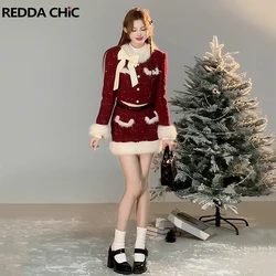 REDDACHiC Red Plaid Tweed Jacket Skirt Women 2-piece Set Fur Trim Bow Stitch Cropped Quilted Coat Mini Skirt Winter Plush Suit