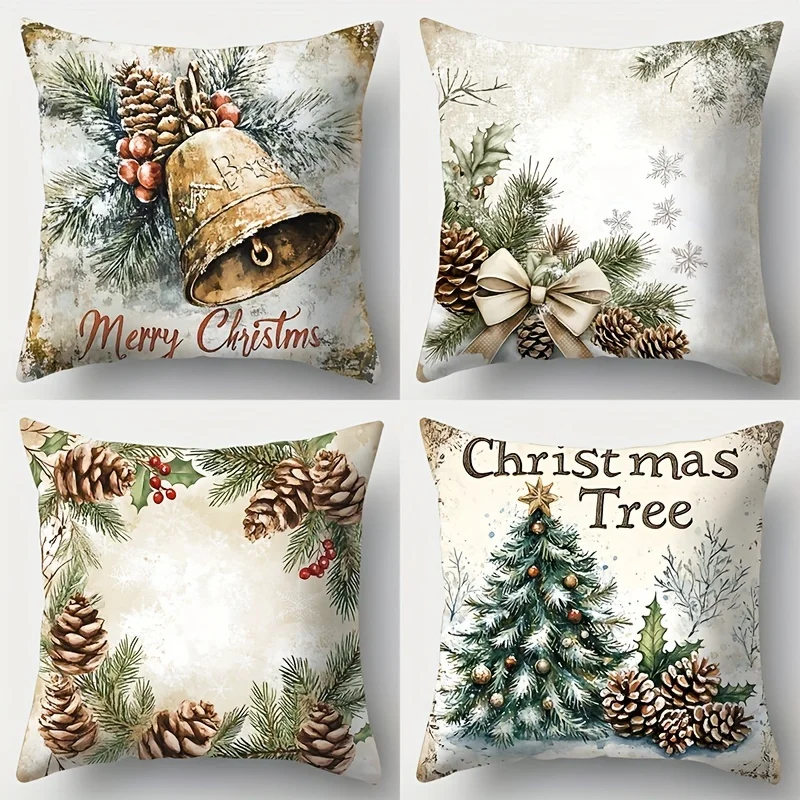 4pcs, Christmas, Christmas Tree, Christmas Wreath, Bell and Other Patterned Pillowcases, Suitable for Waist Circumference