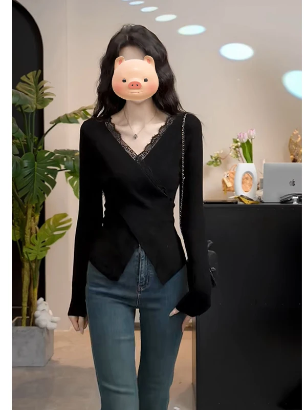 Slimming Effect Lace Splicing V-Neck Knitted Long Sleeve Base Shirt Casual Style Women's T-shirt Black Color Block Waist Cinched