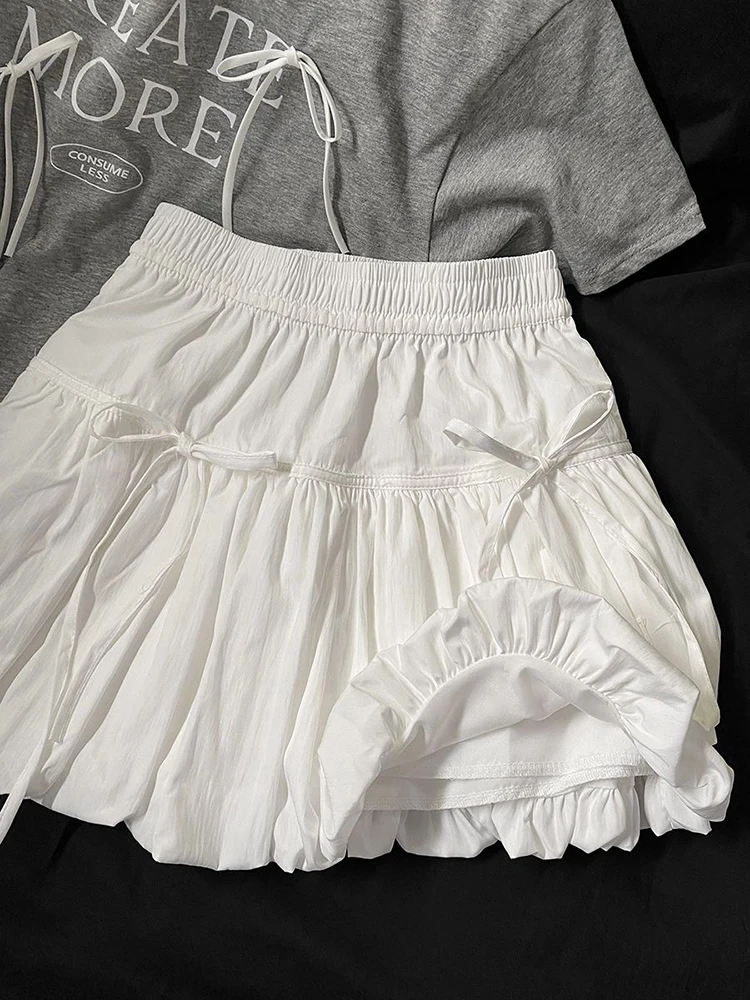 تنورة منتفخة بفيونكة كاواي للسيدات صيفية جديدة تنانير صغيرة متينة من Preppy بخصر عالٍ ملابس خروج فضفاضة تناسب الجميع تنانير لينغ جديدة #2