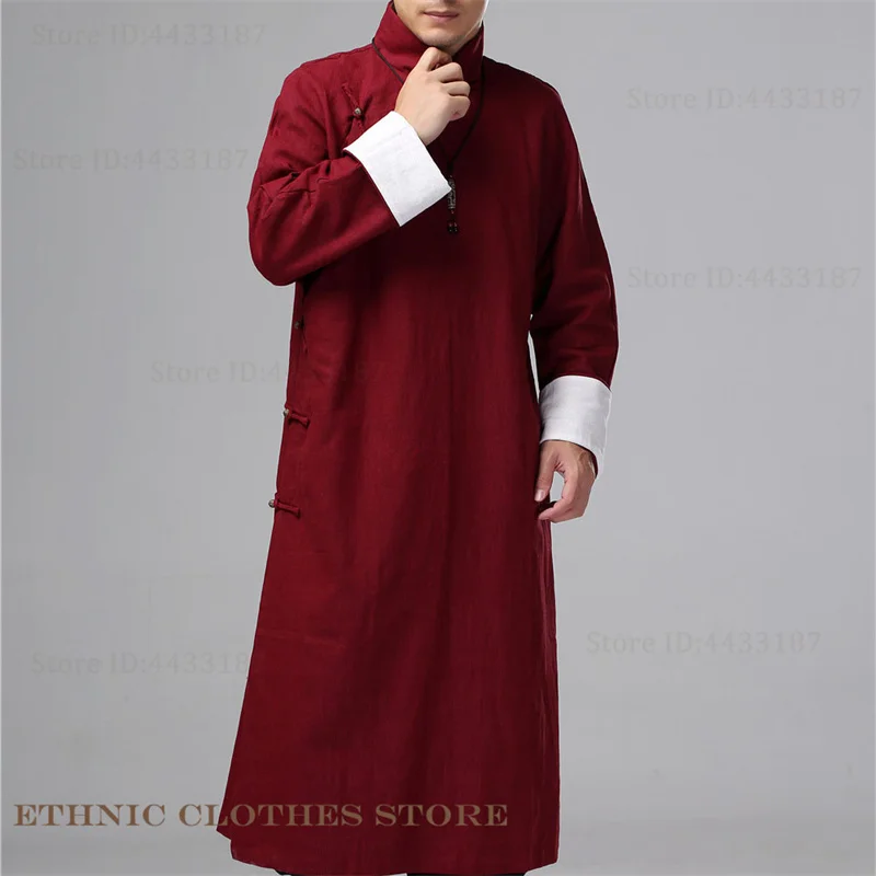 

Мужской костюм Тан в китайском стиле, длинный халат, восточная традиционная одежда, карнавальный костюм, классический хлопково-льняной Cheongsam Hanfu