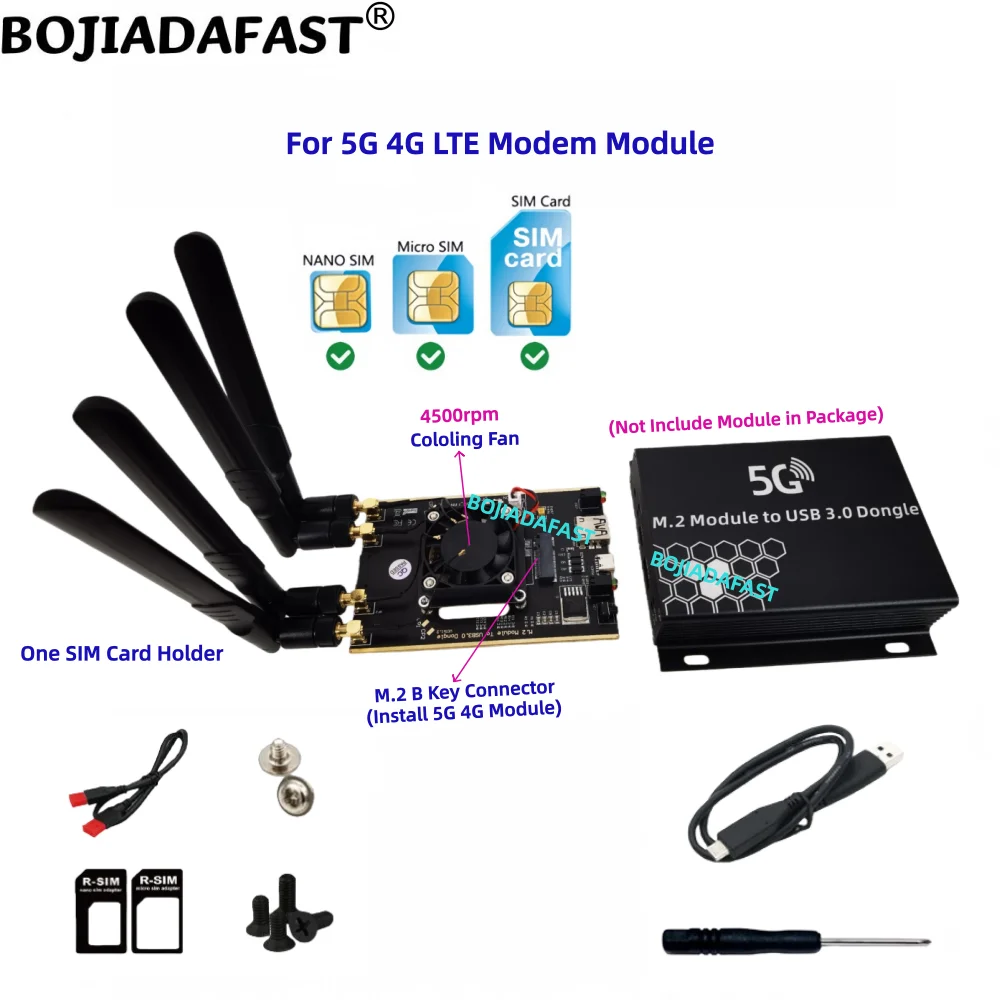 

Адаптер USB 3.0 Type-A на NGFF M.2 B-Key для беспроводного модема, 1 слот для SIM-карты, 4 антенны, с защитным корпусом и вентилятором для модулей 5G 4G LTE