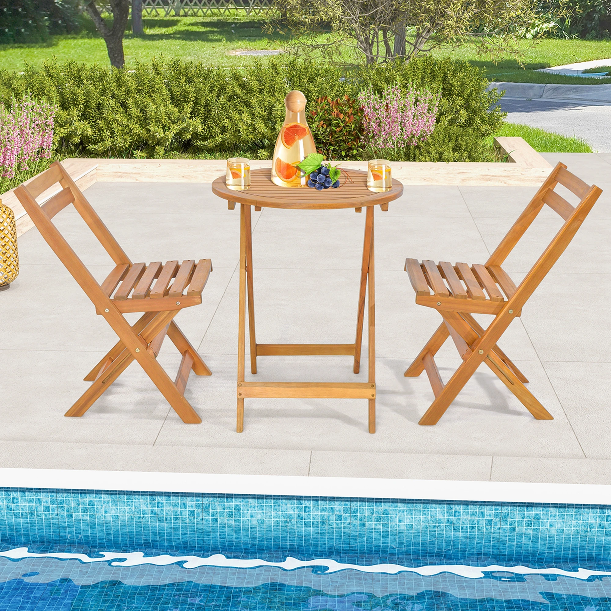 3 PCS Folding Patio Bistro Set Solid Acacia Wood Table & Chairs Slatted Tabletop