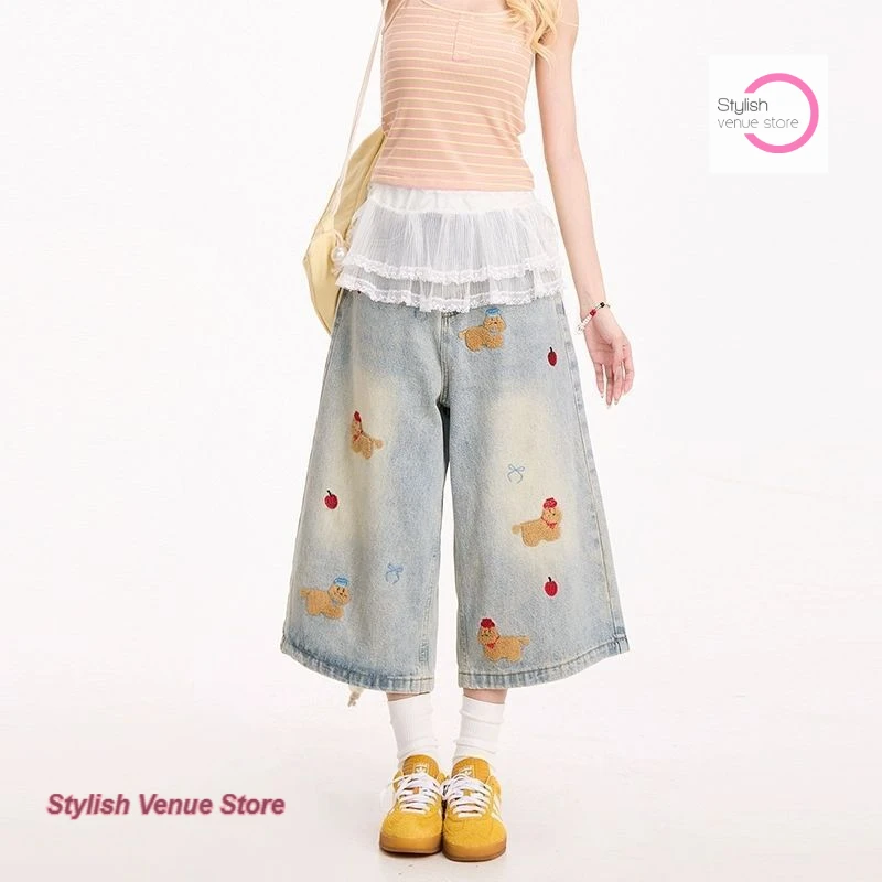 American retro fun cartoon embroidery puppy blue denim cropped pants female summer new fashion temperament niche Joker shorts.