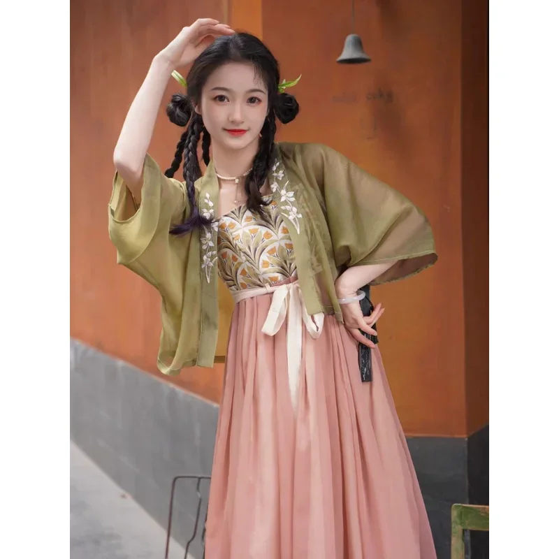 Robe à bretelles Hanfu imprimée de fleurs roses pour femmes, cardigan brodé vert, original, élégant, style chinois, cosplay Hanfu trempé