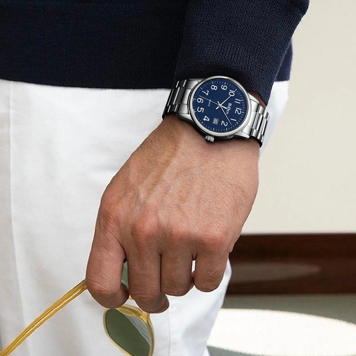 BIDEN Jam Tangan Pria Bermerek Mewah Jam Tangan Pria Tanggal Tahan Air Jam Tangan Pria Kuarsa Tali Baja Tahan Karat Jam Tangan Pria Reloj