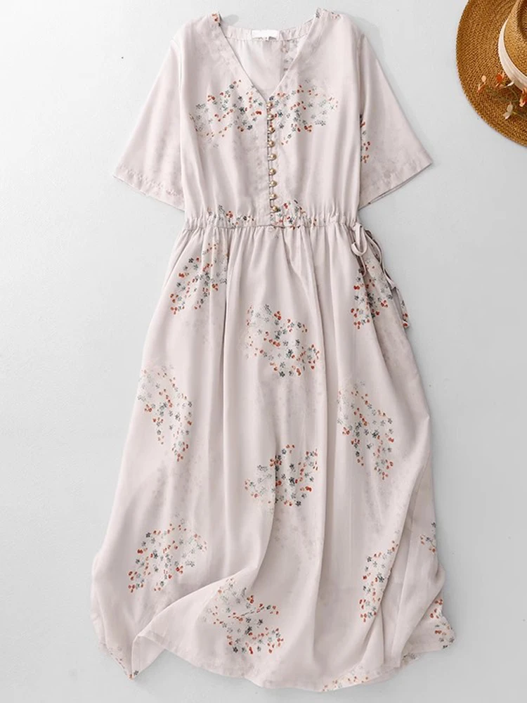 

Women Clothing 2025 New Summer Korean Style V-Neck Short Sleeve Floral Print Midi Dress Drawstring Beading Ladies Party Dress