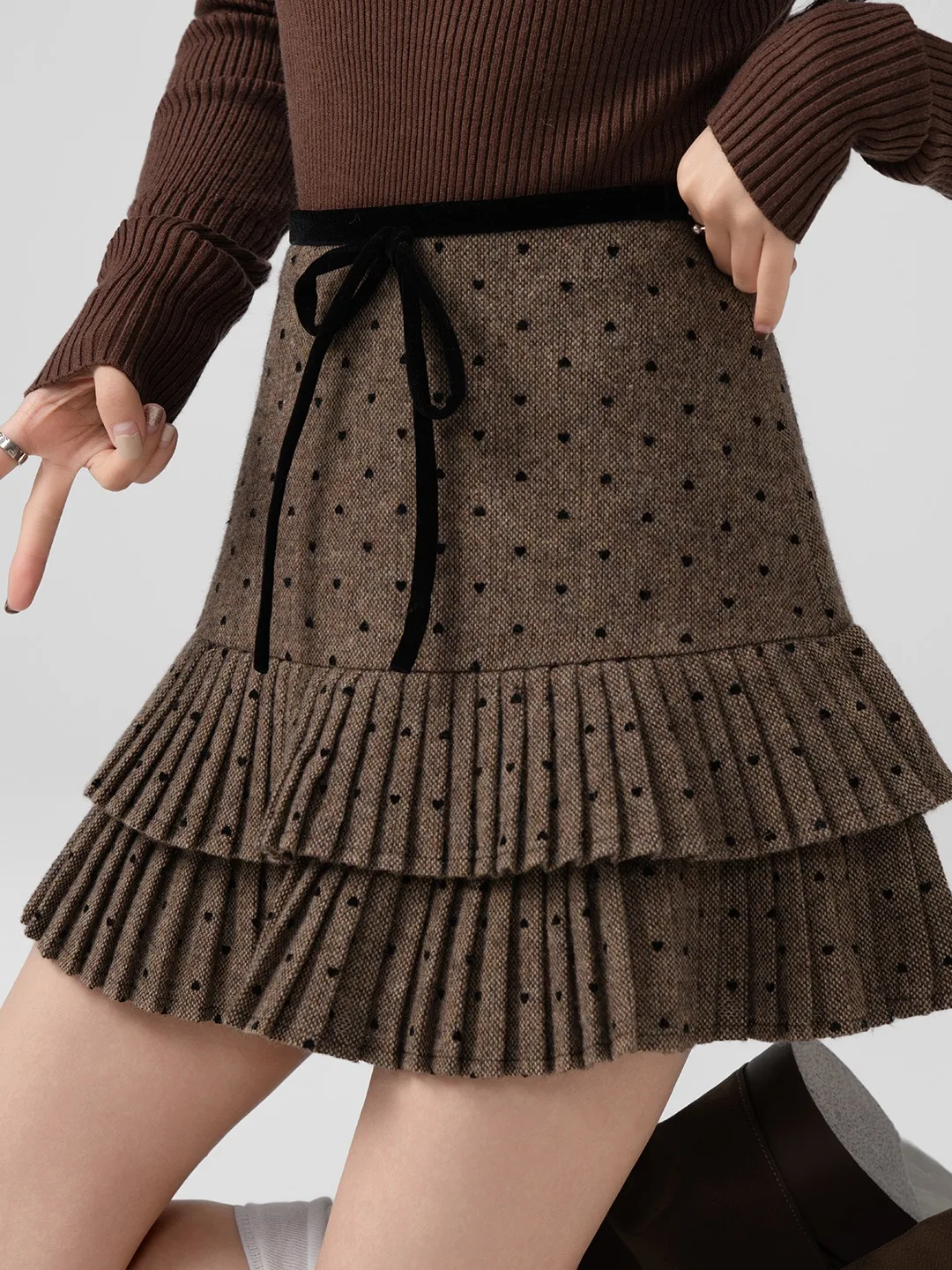 Jupe en mousseline de soie à taille haute, nouvelle collection printemps-automne, couleur café, à pois, jupe trapèze pour femme avec ourlet en dentelle