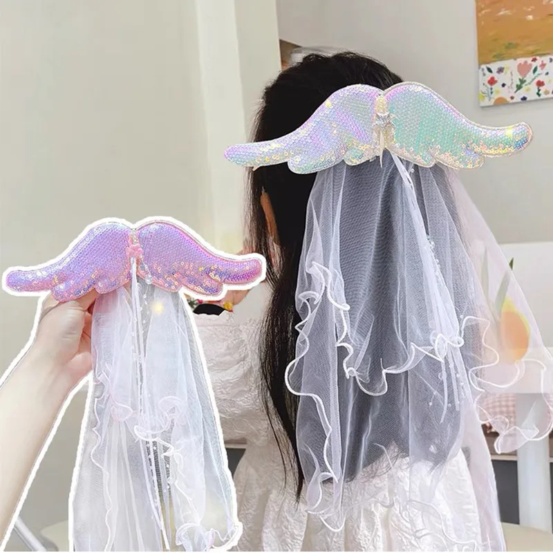 10pcs Boutique Glitter Angel Wings Organza Veil Hairpins Barrettes Sequin Princess Headwear Fashion Hair Accessories for Girls