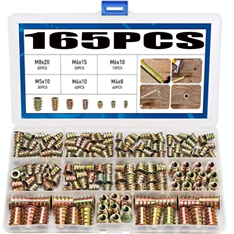 

165PCS Threaded Inserts Nuts M4/M5/M6/M8 Furniture Screw in Nut Wood Inserts Metric Bolt Fastener Hex Socket Drive for Wood