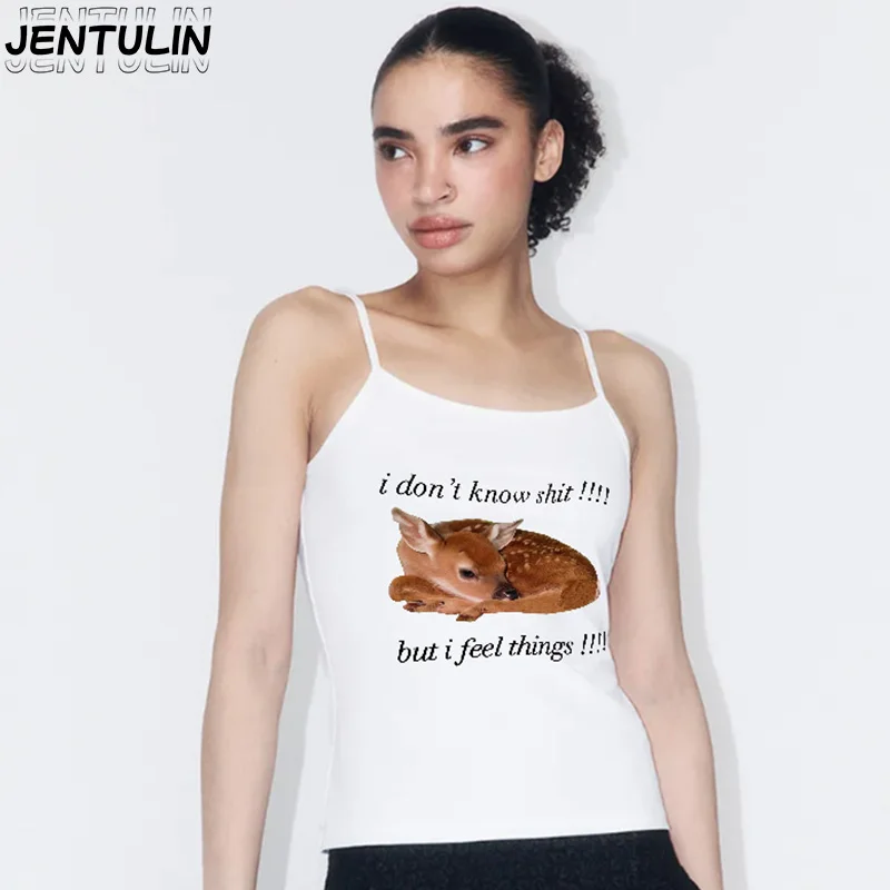 귀여운 작은 사슴 그래픽 프린트 크롭탑 2000년대 Y2K 탱크탑 고딕 슬림 민소매 코케트 베스트 캐주얼 코르셋 에모걸