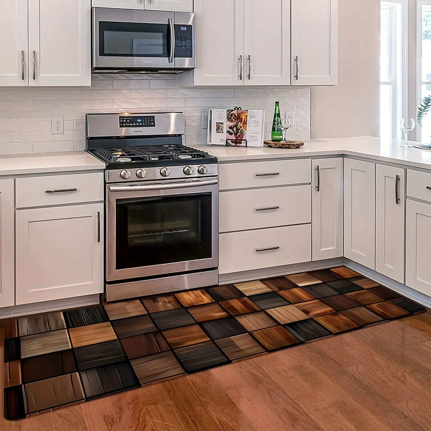 

1PC Wooden Block Checkerboard Kitchen Rug Non-Slip Door Mat Pop design Bathroom Rug Bath Mat Carpet for Home Sink Laundry Decor