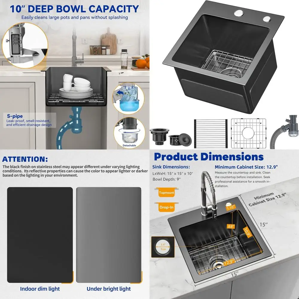

Top-Mount Single Bowl Kitchen Sink, 15x15x10in, Stainless Steel, Black Nano Gunmetal Finish, for Home, Bar Countertop