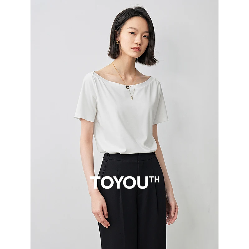

TOYOUTH Women One Line Collar 2024 Summer New Letter Printing Short Sleeved Top