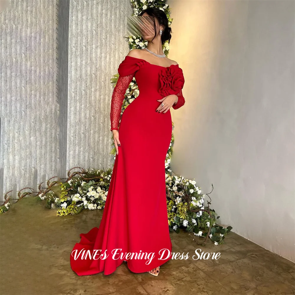 

VINES Red Party Dress Off Shoulder Mermaid Evening Dress with 3D Floral فساتين السهرة Satin Gala Dress Customized