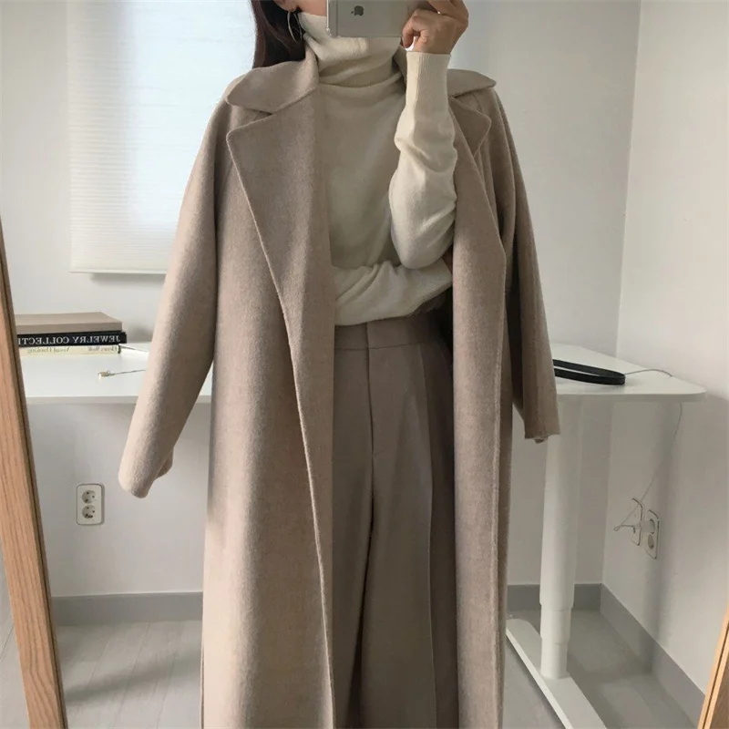 Chic Thick Warm Lapel Lace-up Pockets Loose Woolen Coat 2024 Autumn Winter New Korean Female Long Oversize Casual Women Clothes