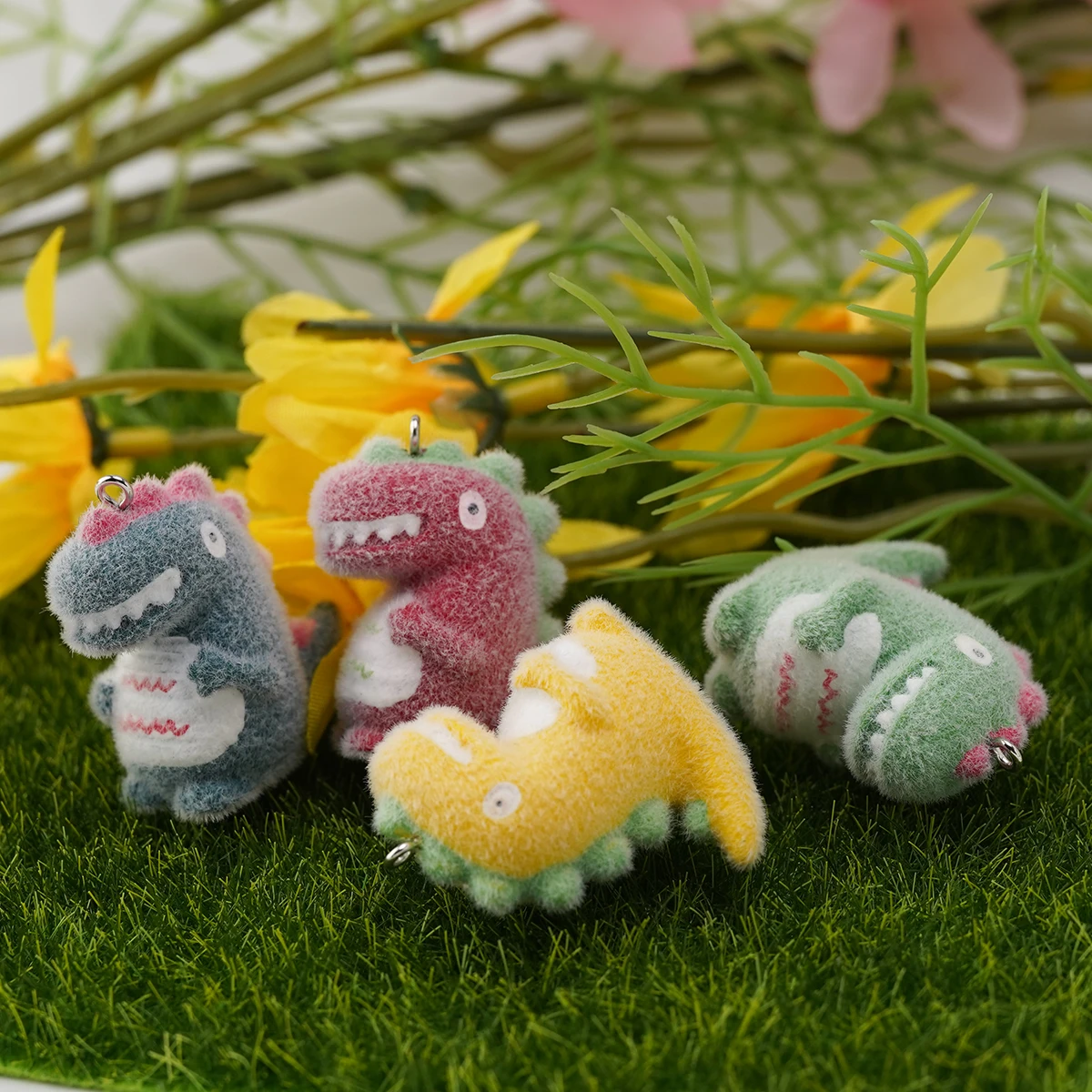 20pcs 3D Fluffy Flocking Animal Dinosaur Charms cute resin Cartoon Doll Pendant for DIY Jewelry Earring Keychain Make fittings