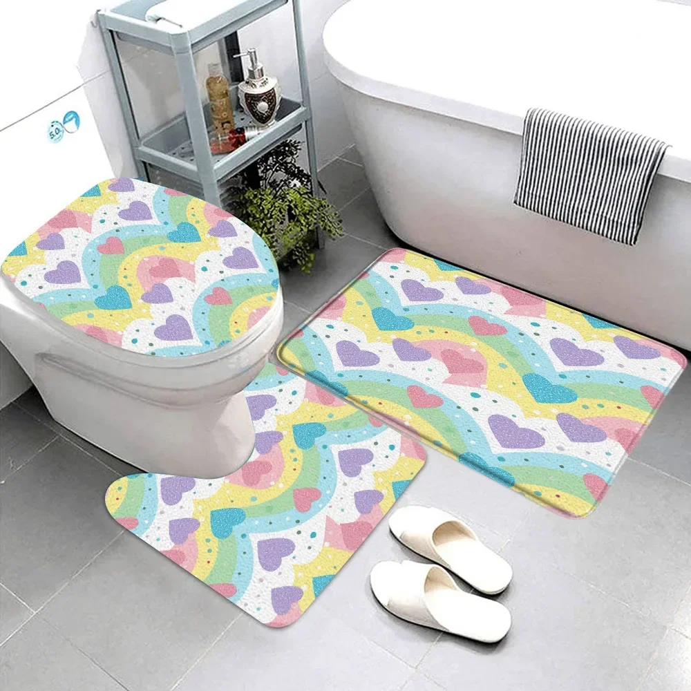 3 Pcs Colourful Hearts Pink Polka Dots Black and White Stars Bathroom Carpet Set Stars Cloud Bath Mat Toilet Seat Bathroom Decor