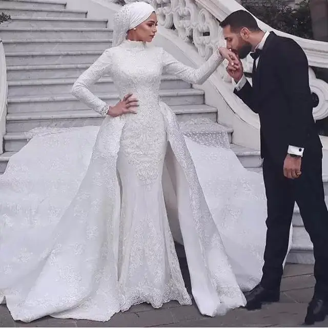 

Muslim Mermaid Wedding Dresses Detachable Train Lace Appliques Overskirt Bridal Gowns Hijab Court Train Vintage Robes