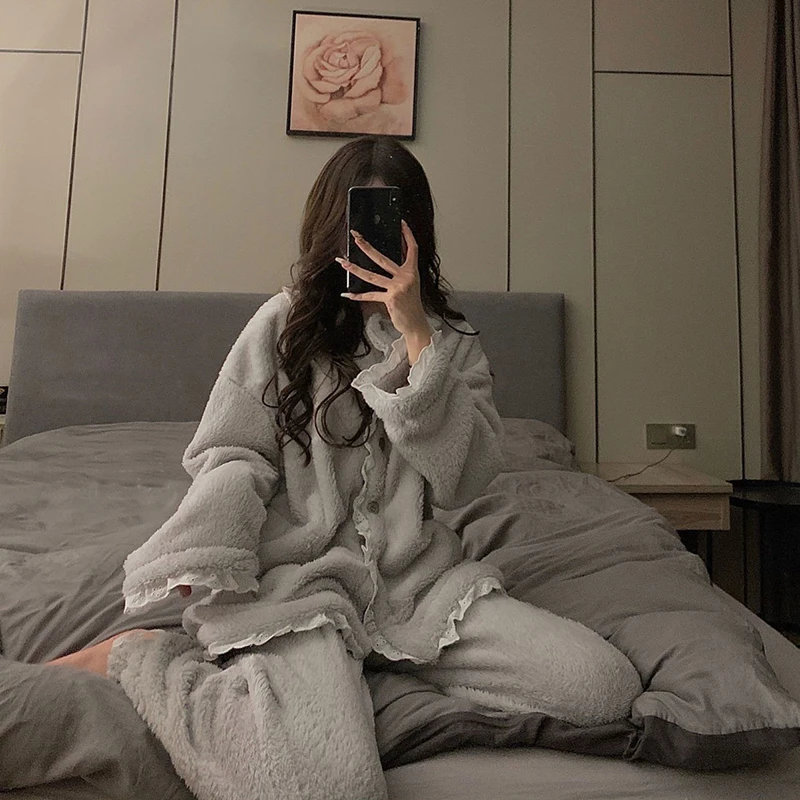 Pijama F de Flanela com Renda, Conjunto de Roupa de Casa de Inverno ssa de Pelúcia, Fce Coral, Manga Longa, Tama...